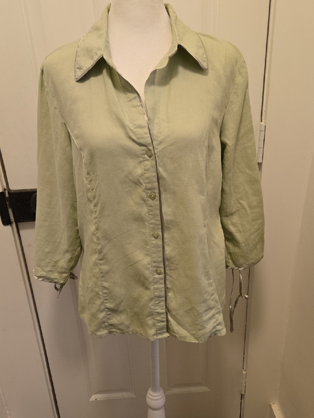 Light Green Women's Button-Front Blouse 100% Linen M